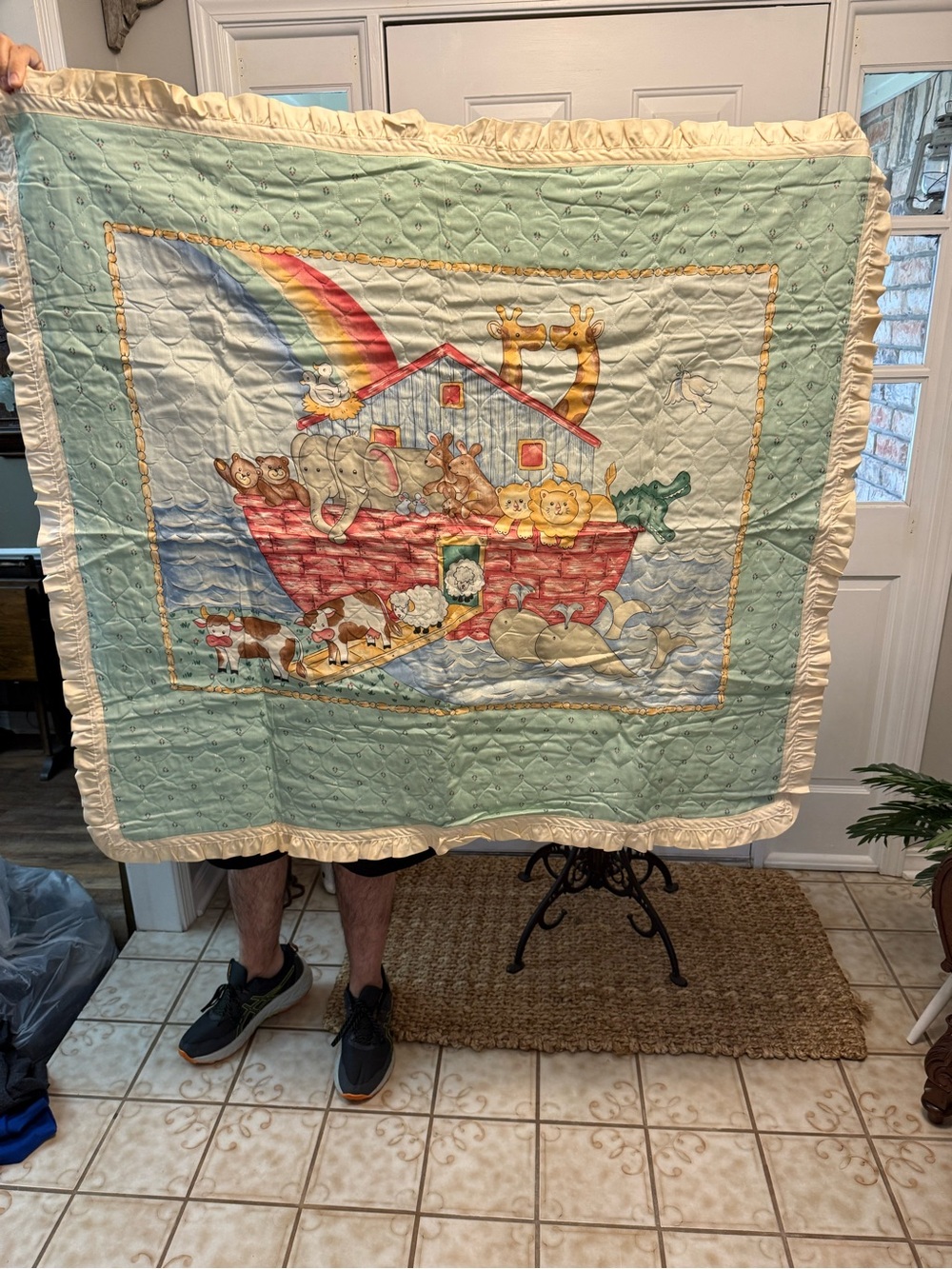 Vintage 90s Handmade Noah’s Ark Reversible Baby Nursery Crib Quilt w Ruffle Trim